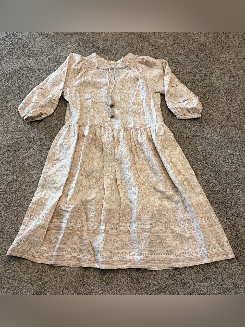 Magaschoni Women’s Cream Floral Midi Dress with Tassel Tie Size Large
